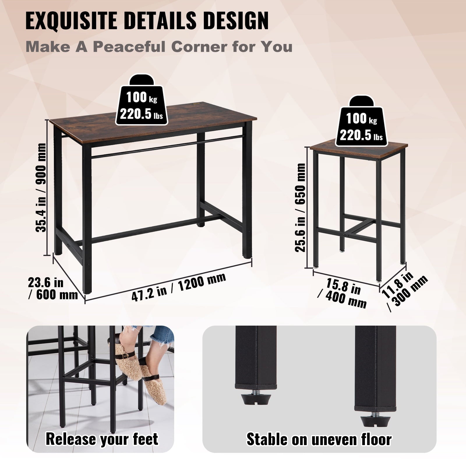 VEVOR Bar Table Set, 47 Bar Table and Chairs Set, Pub Table Set w/ 4 Stools, Iron Frame Counter Height Dining Sets, 5 Piece Saving Space Dining Table Set for Home, Kitchen, Living Room, Rustic Brown