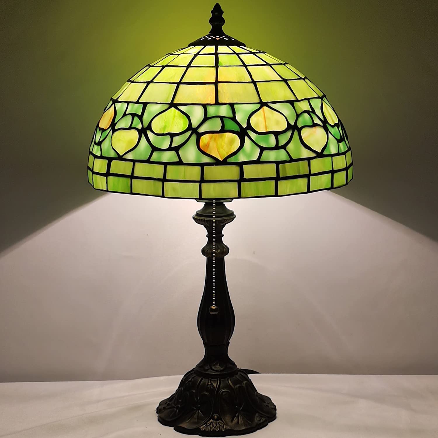 SHADY Tiffany Style Table Lamp W12H19 inch Green Stained Glass Antique Bedside Nightstand Desk Reading Lamp Work Study Desktop Light Decor Home Kids Bedroom Living Room Office Pull Chain