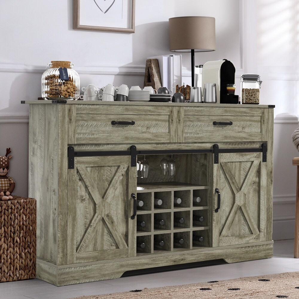 Farmhouse Storage Sideboard Buffet Coffee Bar Cabinet with Sliding Barn Door  3 Drawers  Wine and Glass Rack   Light Gray