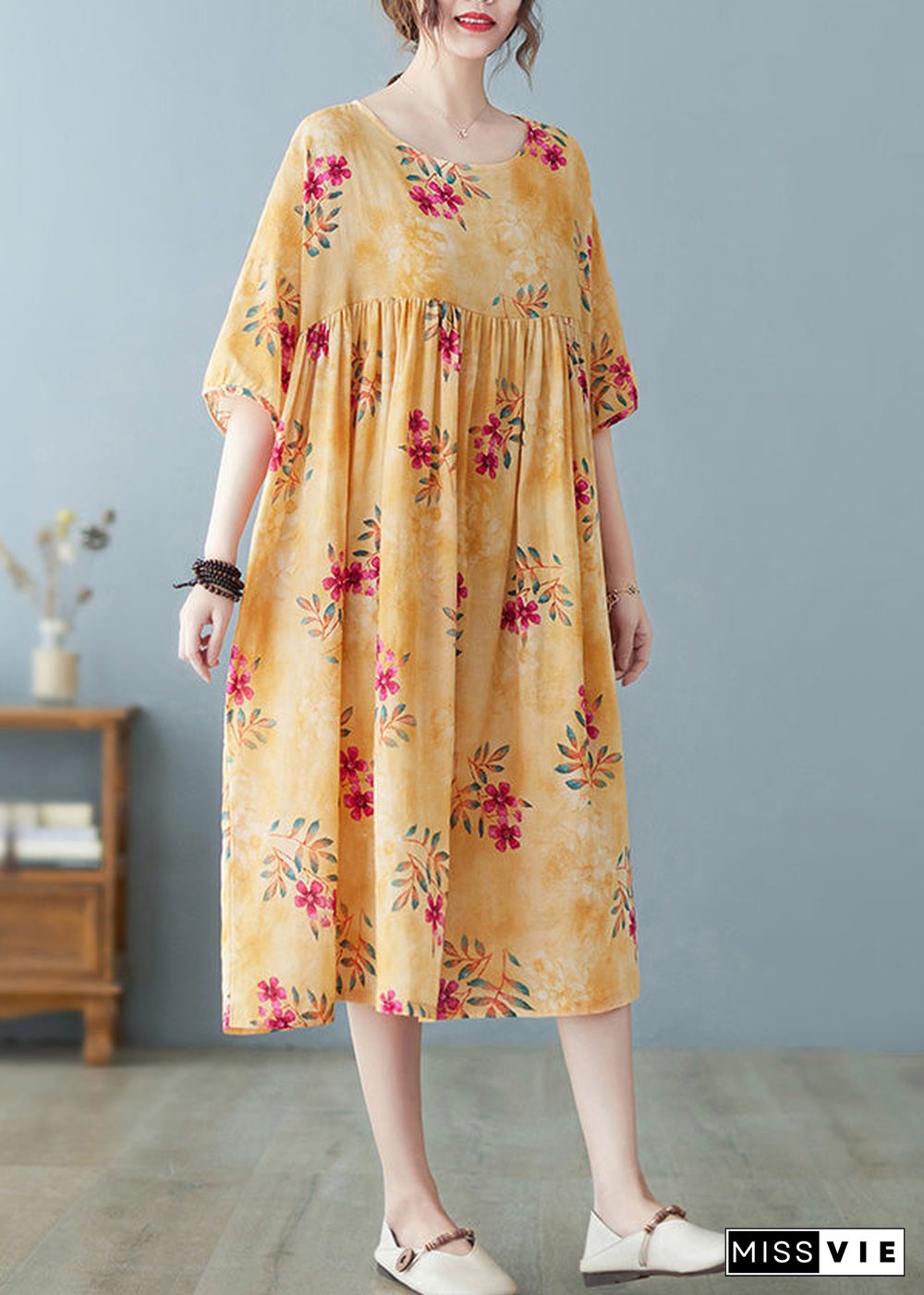 Cute Yellow Patchwork Print Cotton Holiday Maxi Dresses Summer