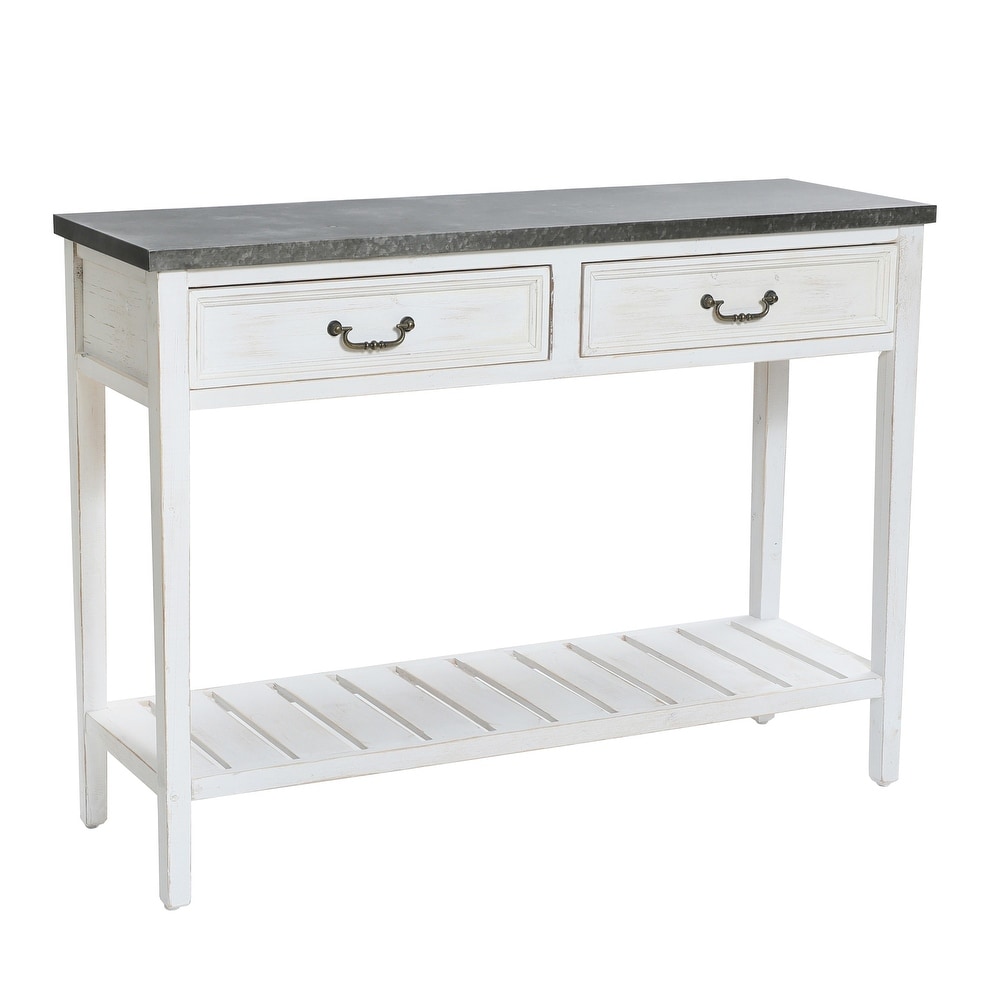 Farmhouse Distressed White Wood and Galvanize Top Console Table   31.5\