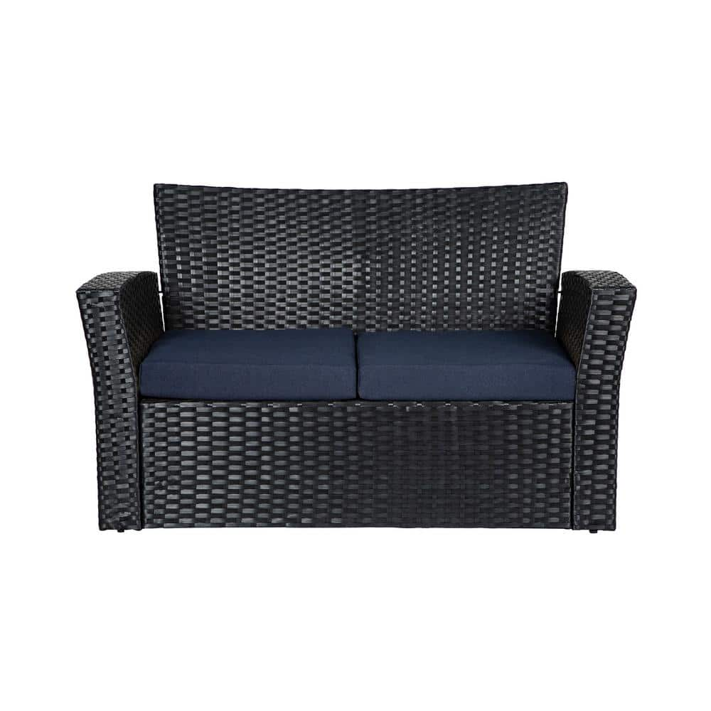 WESTIN OUTDOOR Hudson 4-Piece Black Rattan Wicker Patio Conversation Set with Navy Blue Cushions 1101010-NB