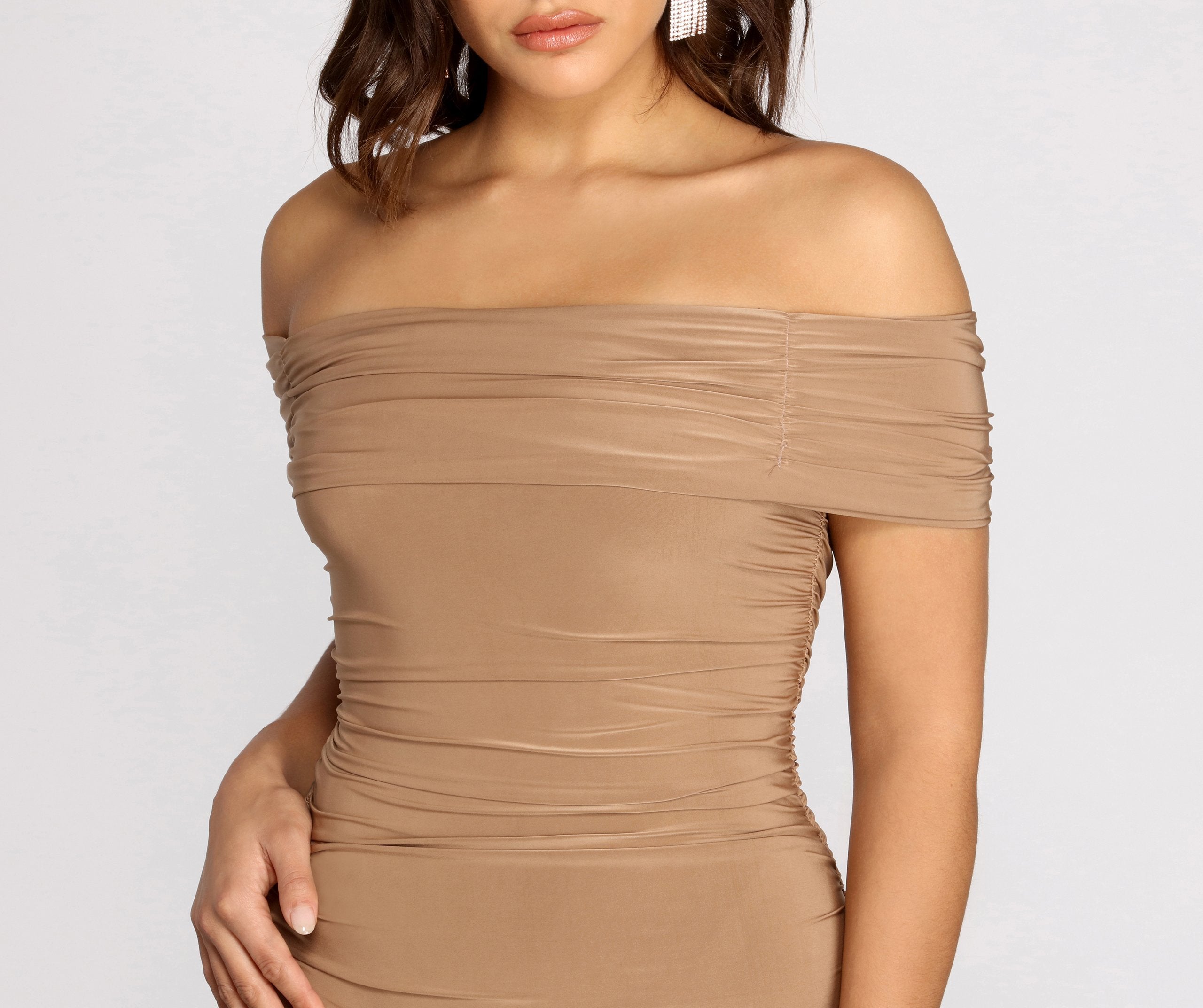 Off Shoulder Ruched Midi Dress