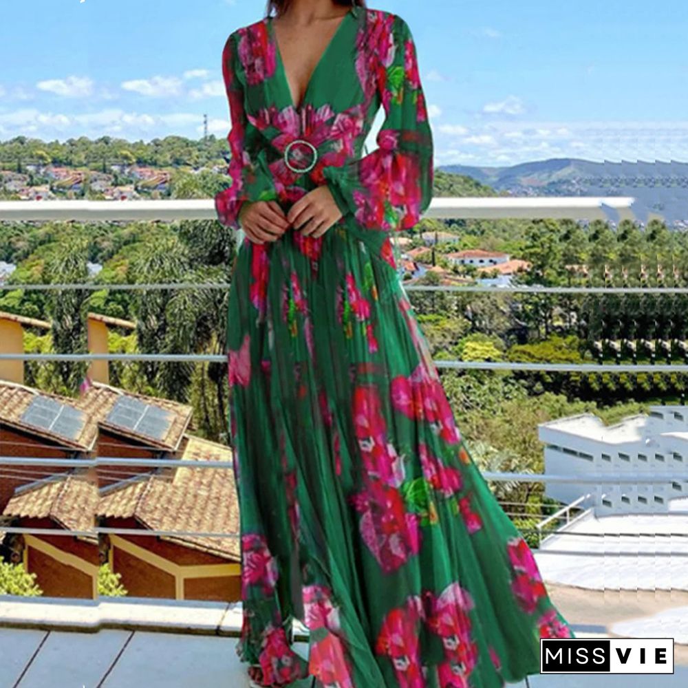 Sexy V-neck Split Boho Holiday Long Dress Spring Autumn Casual Long Sleeve Pleated Dress Elegant Vintage Printed Chiffon Dresses