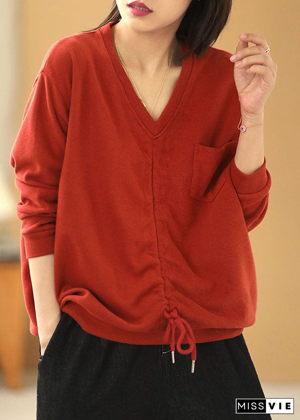 Elegant Red V Neck Pockets Drawstring Fall Loose Sweatshirts Top