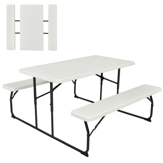 Indoor and Outdoor Folding Picnic Table Bench Set with Wood-like Texture-White