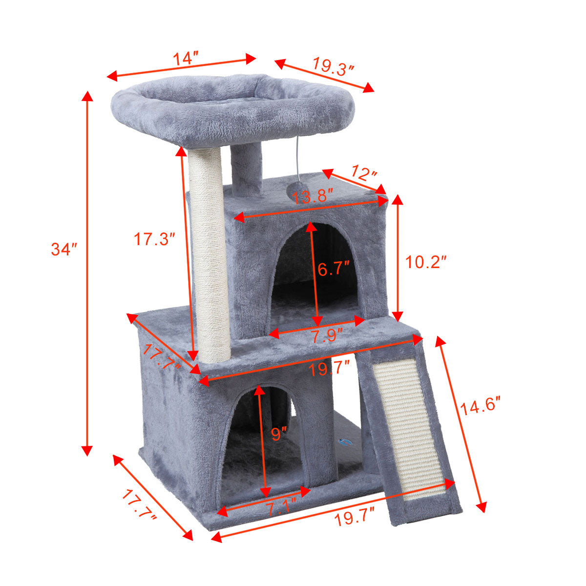 Jaxpety 34-in Cat Tree and Condo Scratching Post Tower， Light Gray