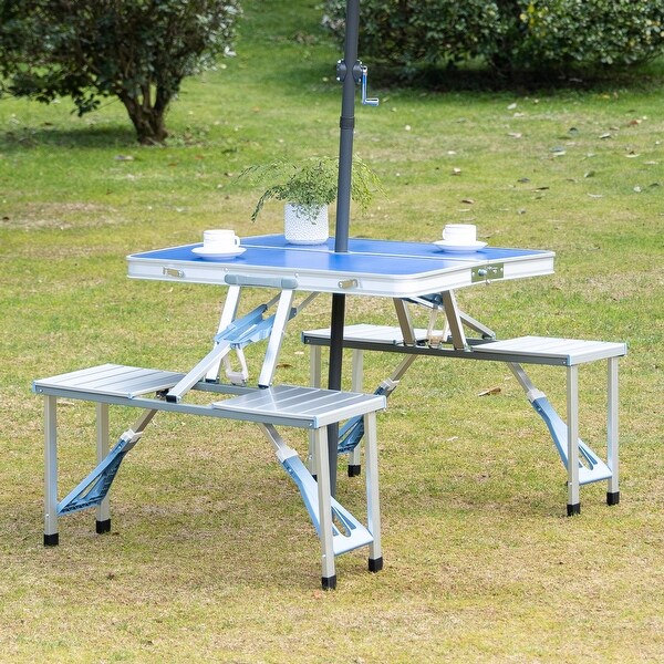 Outdoor Aluminum Suitcase Portable Folding Picnic Table with Bench and Umbrella Hole