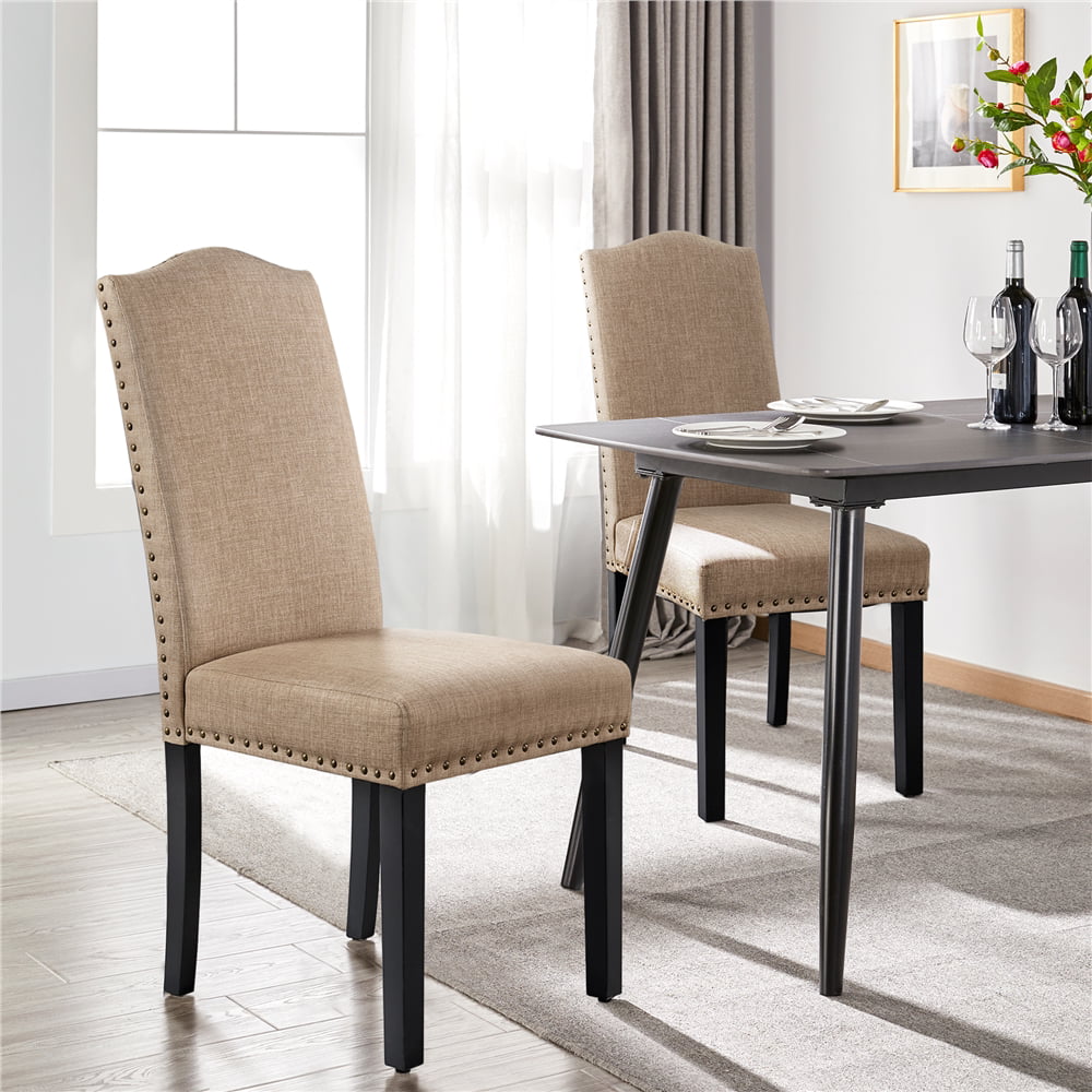 Alden Design Tufted High Back Dining Chair with Solid Wood Legs， Set of 2， Khaki