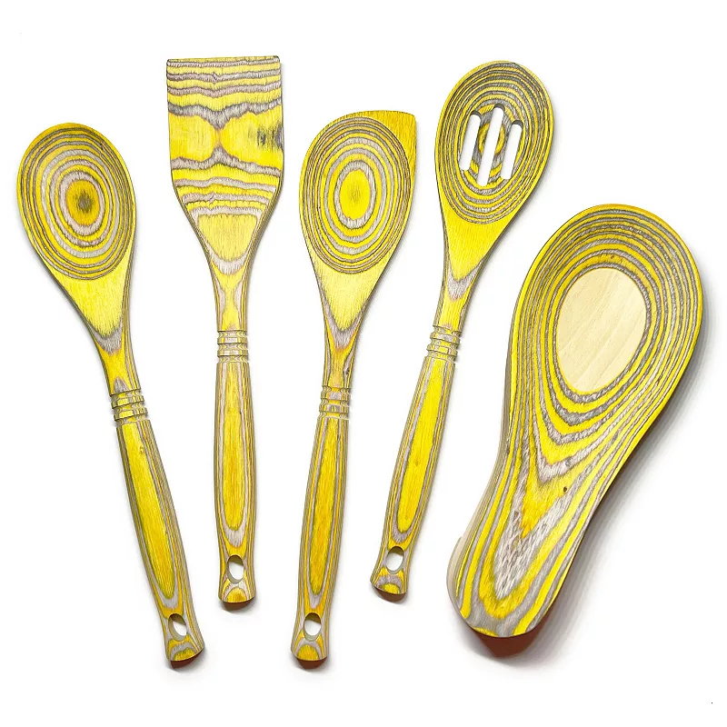 Island Bamboo Pakkawood Kitchen Essentials Utensil 5 Piece Tool Set， Lemon