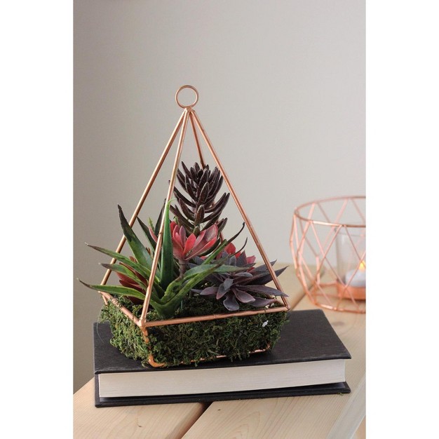 Succulent Artificial Arrangement In Copper Wire Terrarium - Green/brown