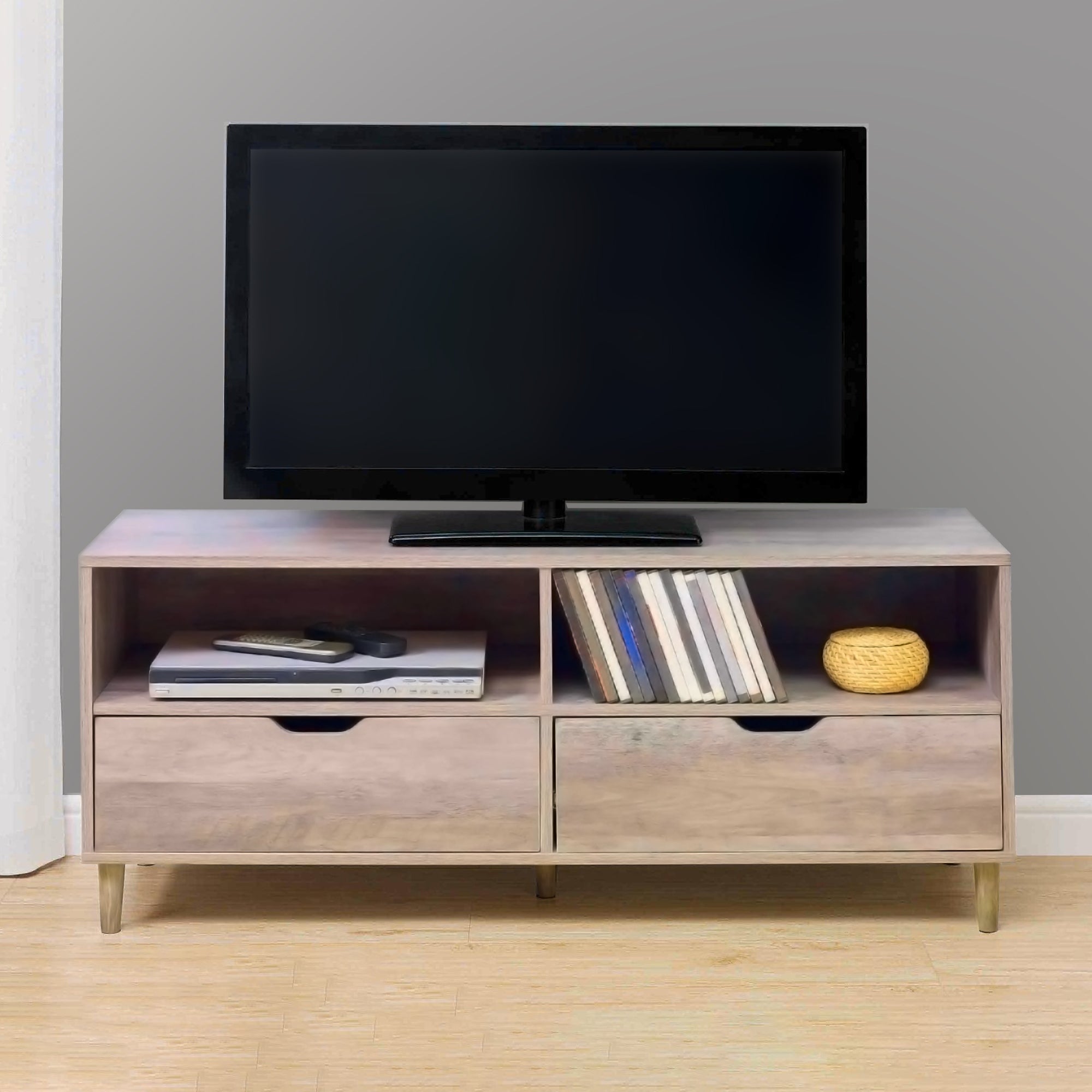 Rustic Oak TV Stand with 2 Drawer and Open Shelves， Entertainment Center， TV Console Table for Living Room， Bedroom