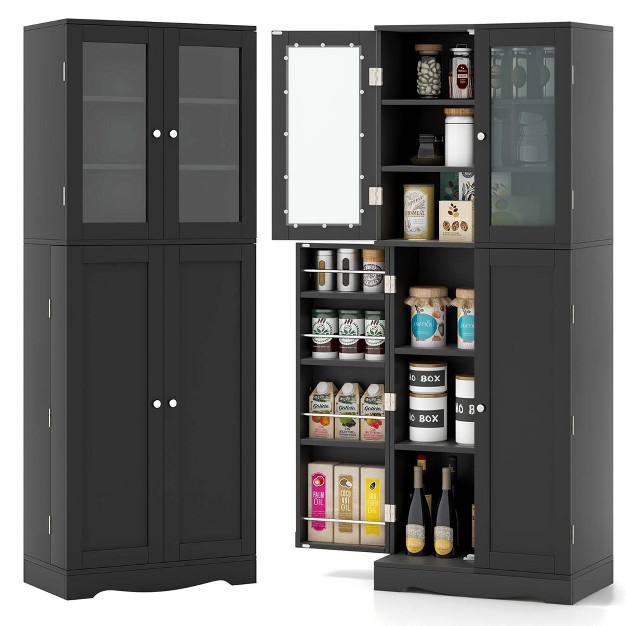 Tall Kitchen Pantry Storage Cabinet With Glass Door Storage Shelves Black white