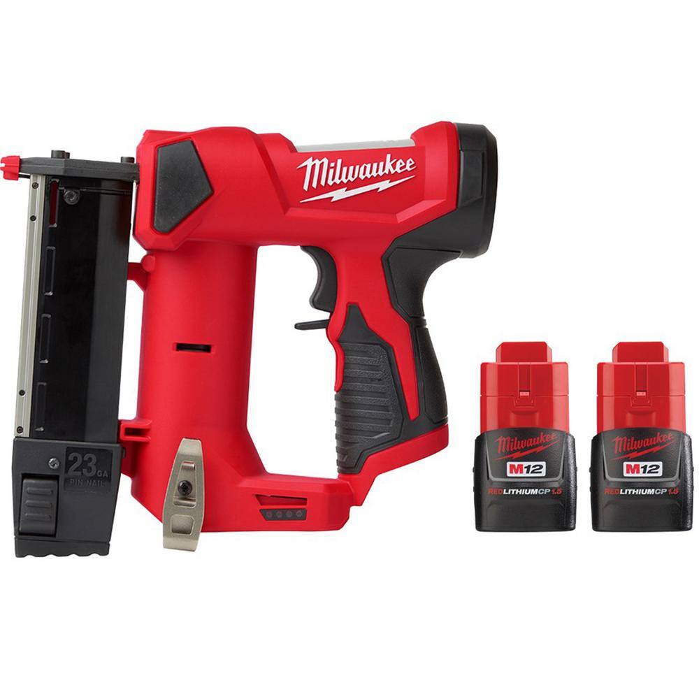 MW M12 12-Volt 23-Gauge Lithium-Ion Cordless Pin Nailer with Two M12 12-Volt 1.5 Ah Lithium-Ion Compact Battery Packs 2540-20-48-11-2411