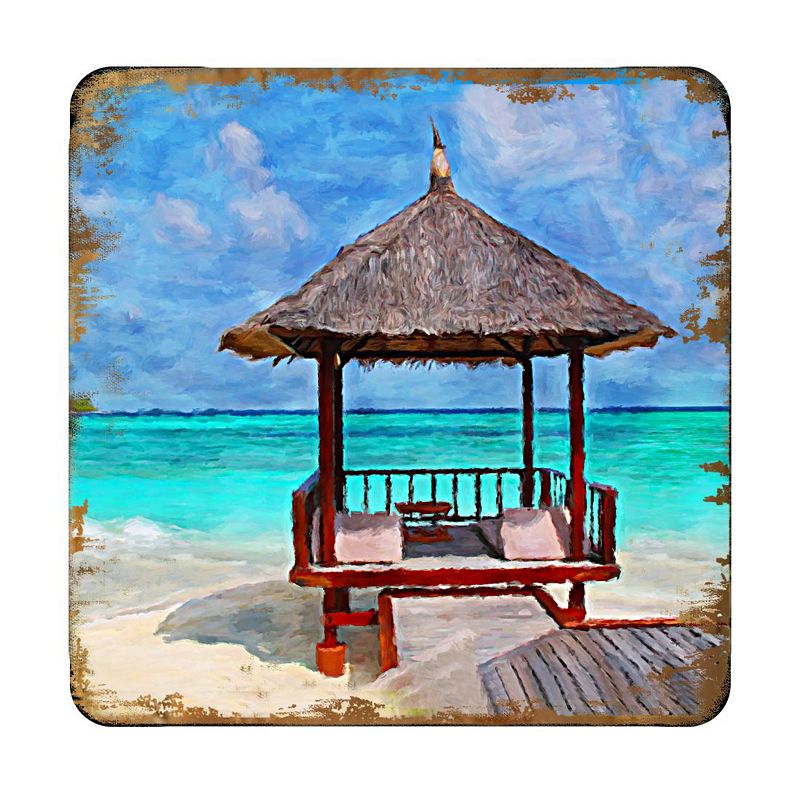 Beach Cabana Coastal Wooden Cork Coasters Gift Set of 4 by Nature Wonders