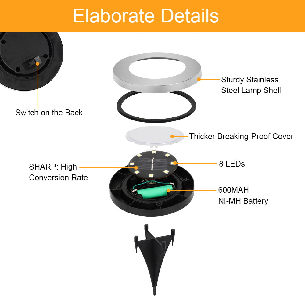 Solar Ground Lights, 8 LED Solar Garden Lights, Outdoors Solar Disk Lights, Waterproof In-Ground Lights by Haitral