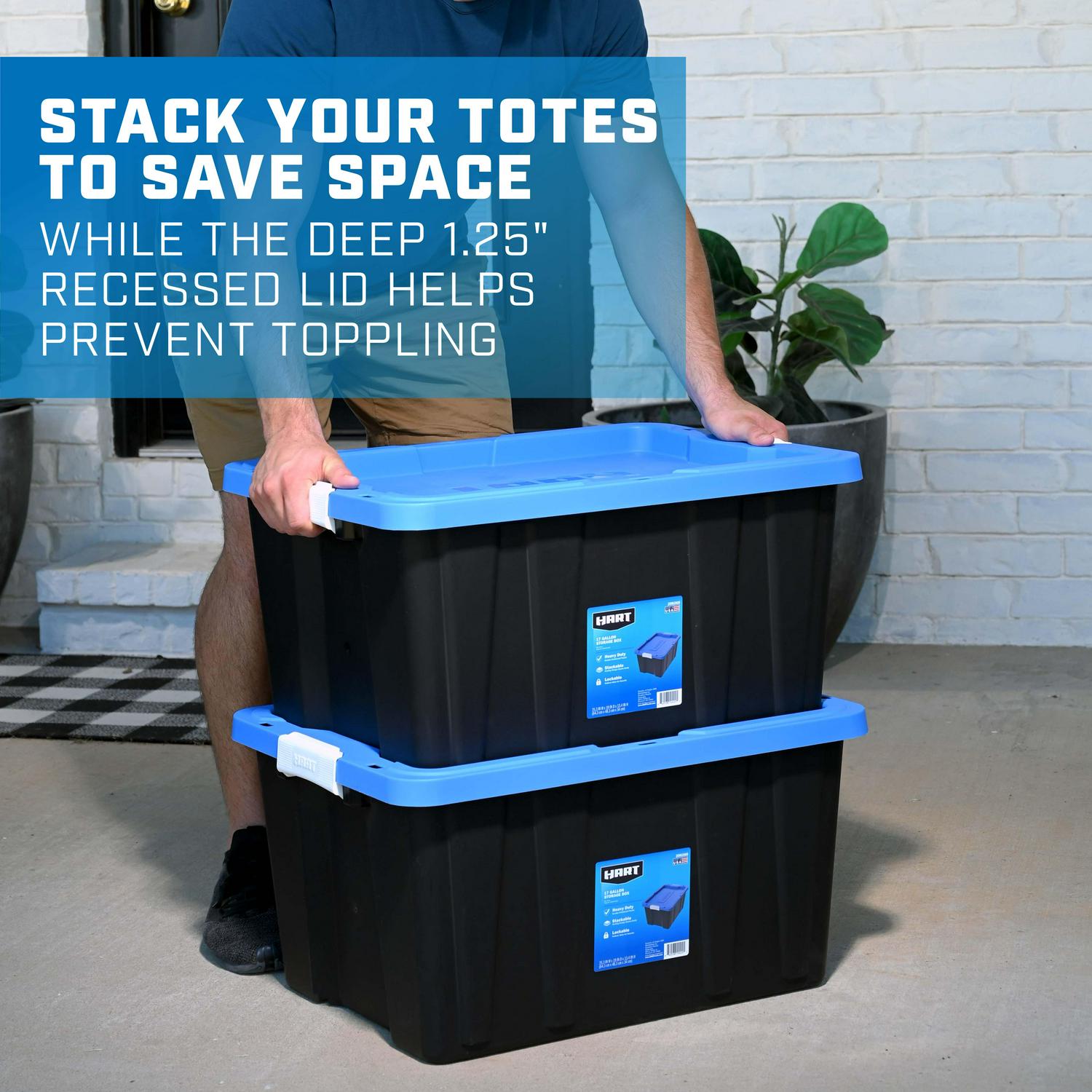 HART  17 Gallon Heavy Duty Latching Plastic Storage Box， Black Base/Blue Lid， Set of 4