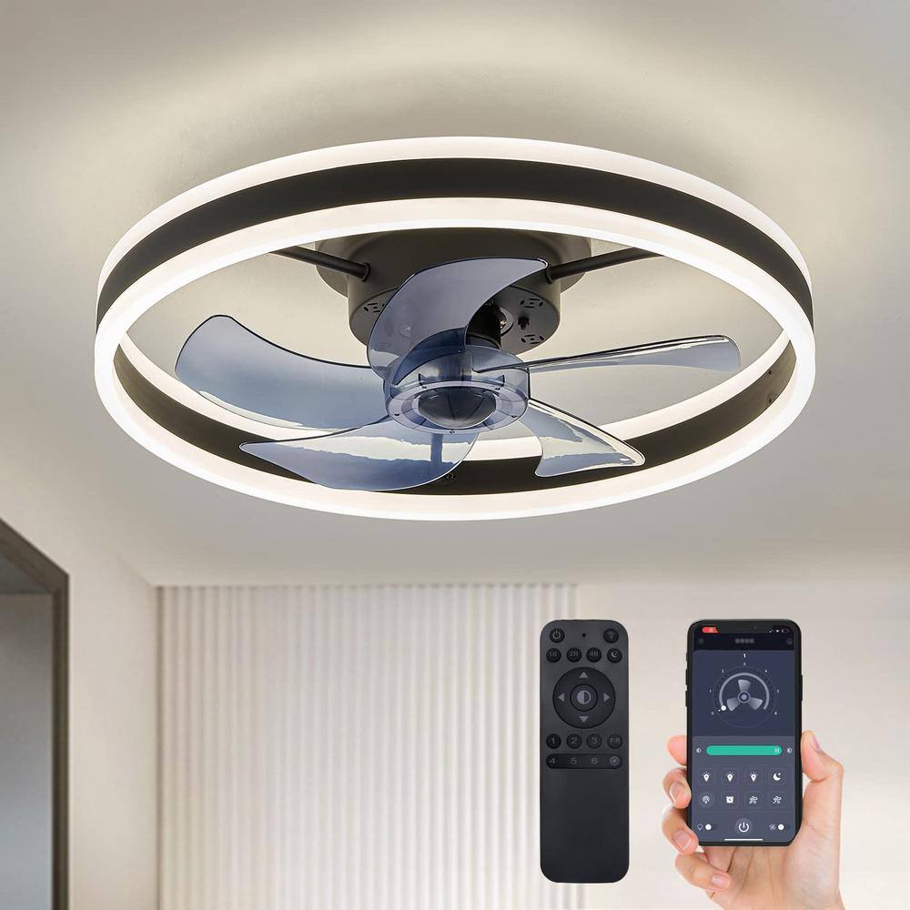 ANTOINE 20 in. Black Low Profile Flush Mount LED with Remote and APP Smart Control Indoor Ceiling Fan with Dimmable Lighting HD-FSD-14