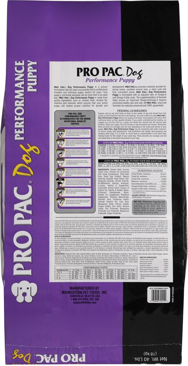 Pro Pac Performance Puppy Chicken Flavored Dry Dog Food， 40-lb bag