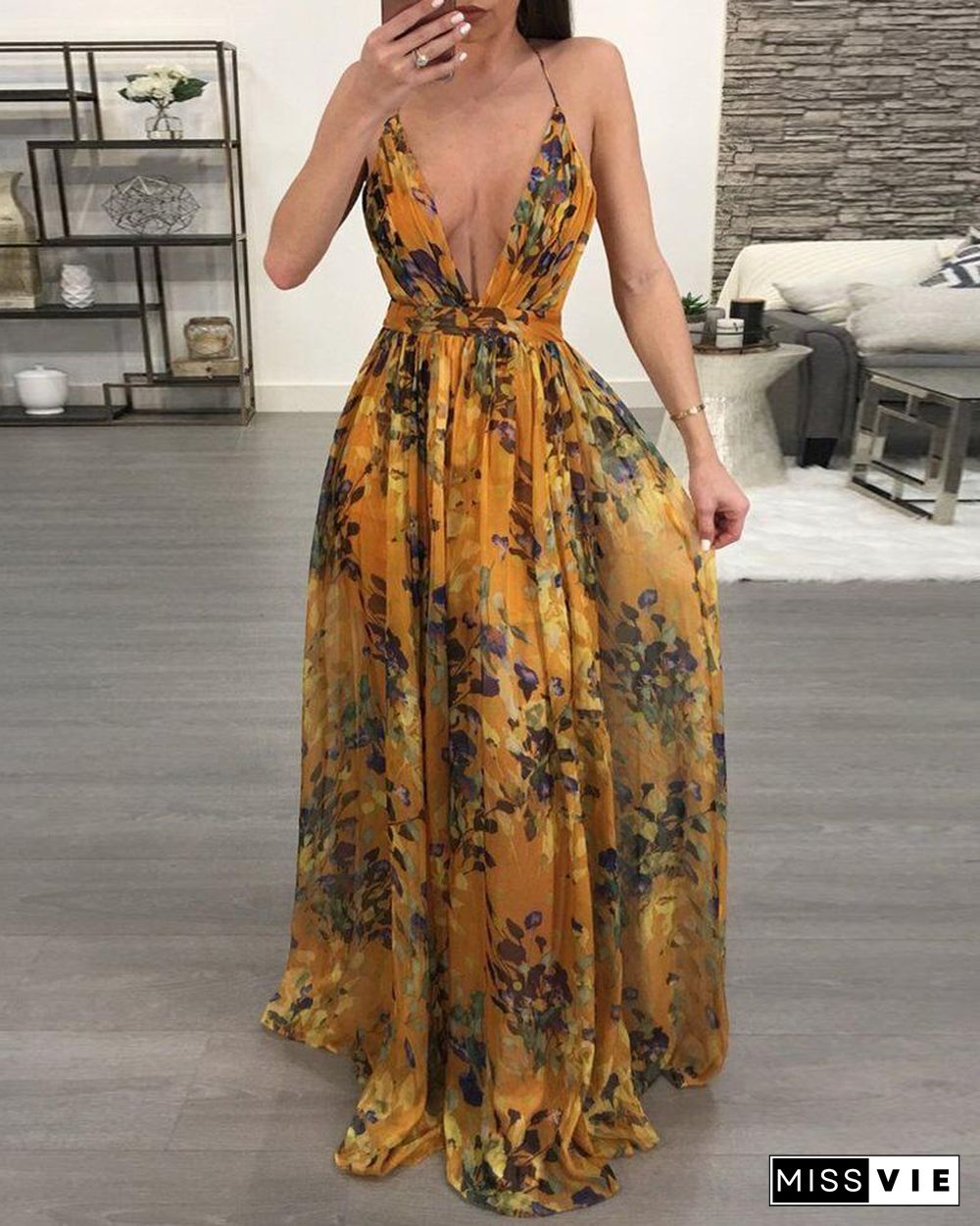 Floral Print Pleated Backless Slip Maxi Dress