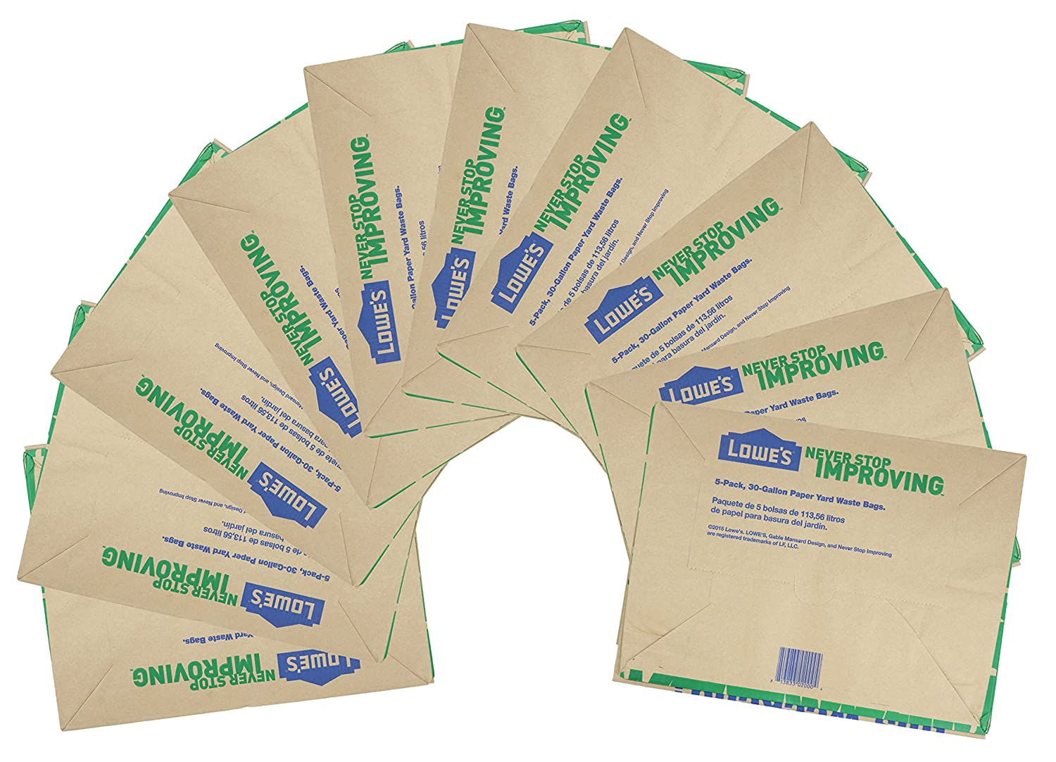 Set of 2 Pack of 10 Count.Lowe's 30 Gallon Heavy Duty Brown Paper Lawn and Refuse Bags for Home and Garden (10 Count), Large (LOWESLL)