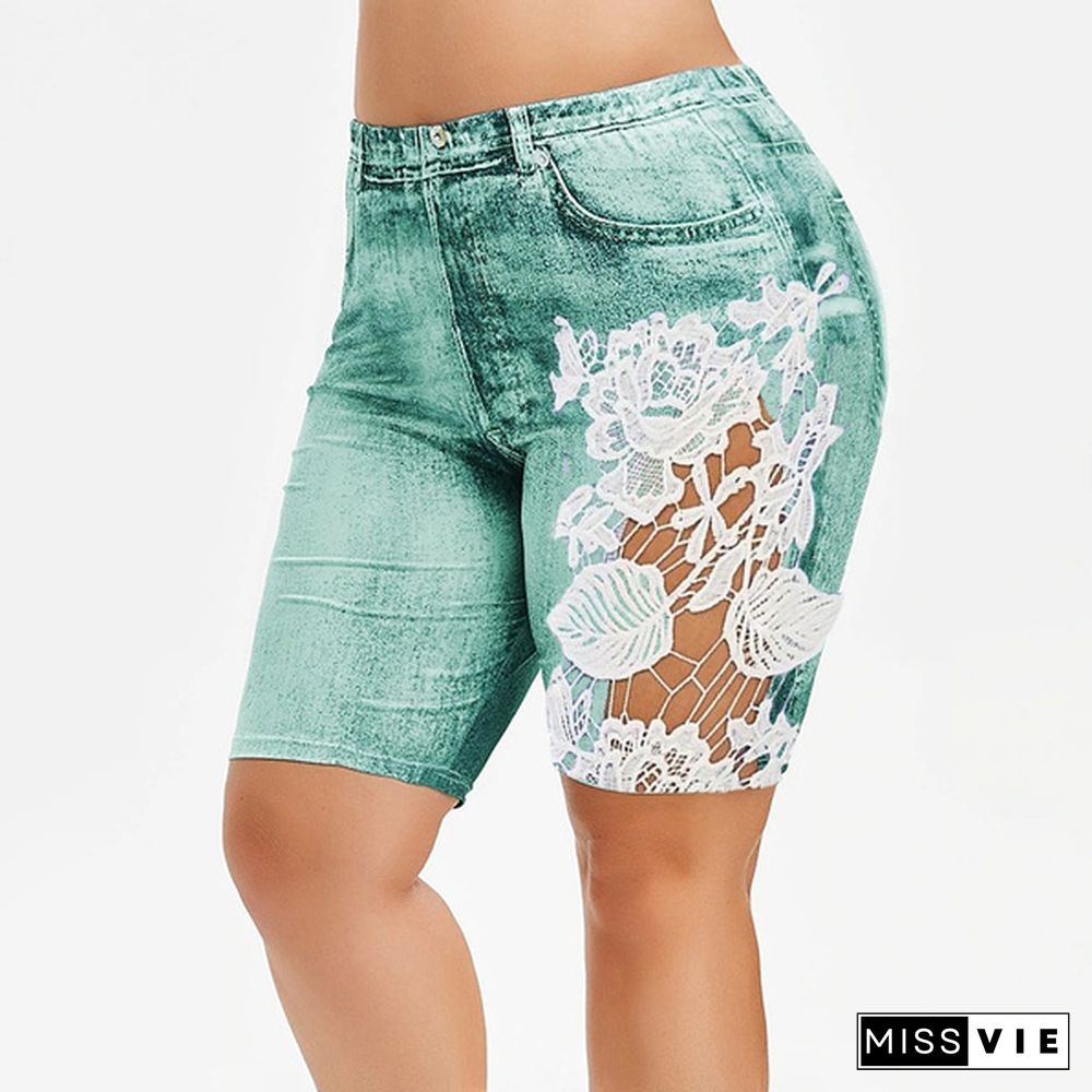 New Women's Fashion Plus Size Denim Leggings Short Summer Lace Fitted Leggings Knee Length Pants