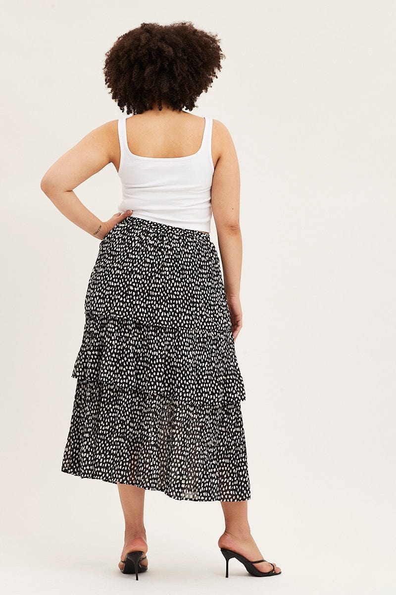 Geo Print Midi Skirt Ruffle Hem