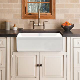 PROOX White Fireclay 33 in. 5050 Double Bowl Farmhouse Apron Front Kitchen Sink with Grids and Strainers PR-3318A