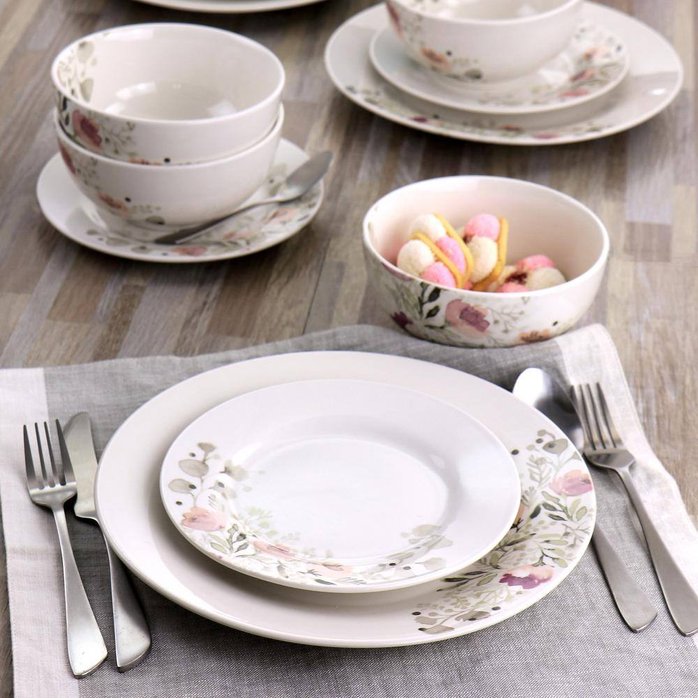 GIBSON HOME Lily Garden Ceramic 12-Piece White and Pink Dinnerware Set 985117628M