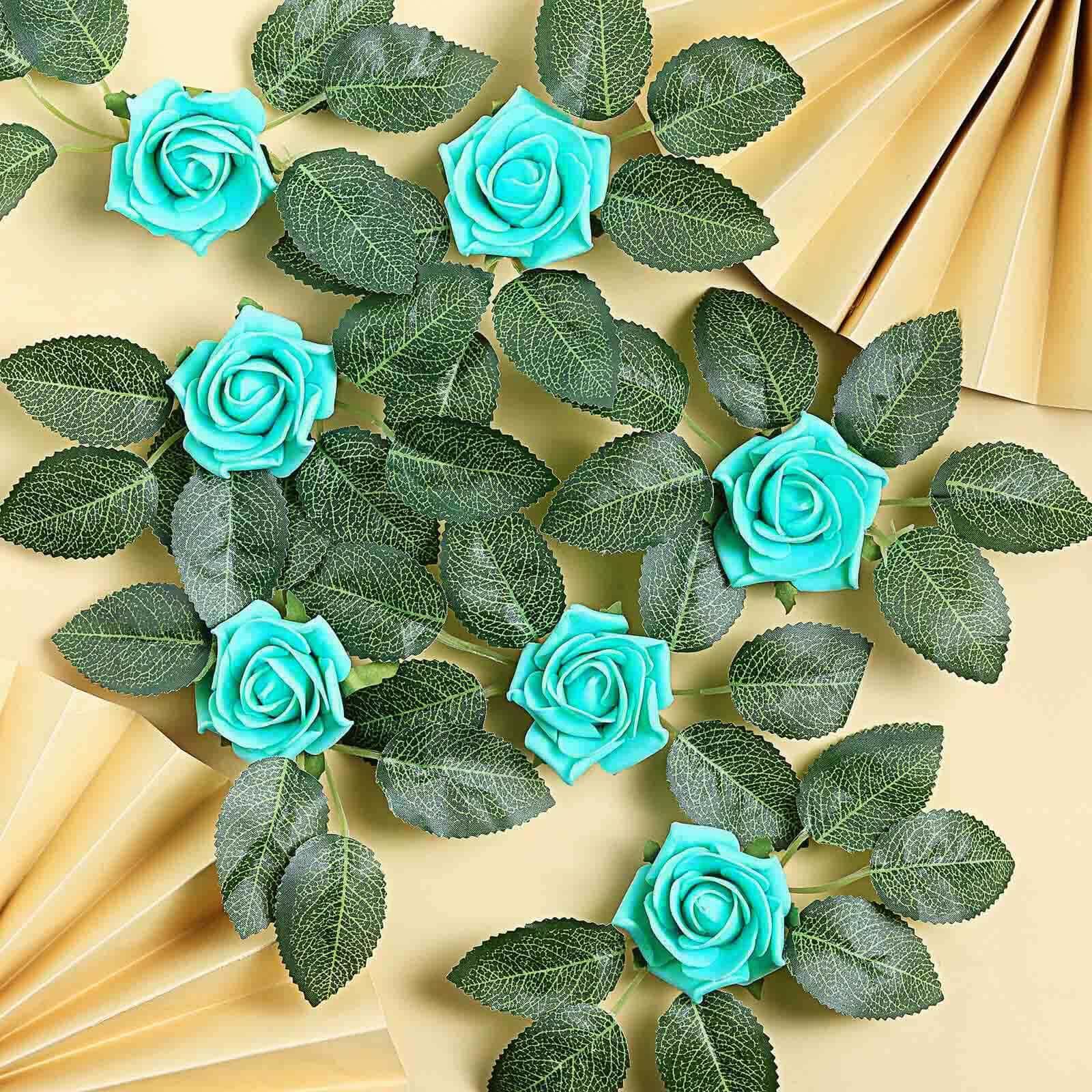 24 Roses Turquoise Artificial Foam Flowers With Stem Wire and Leaves 2