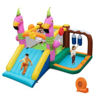 Costway Flamingo-Themed Bounce House 7-in-1 Kids Inflatable Jumping House with 750-Watt Blower NP10857+ES10151US