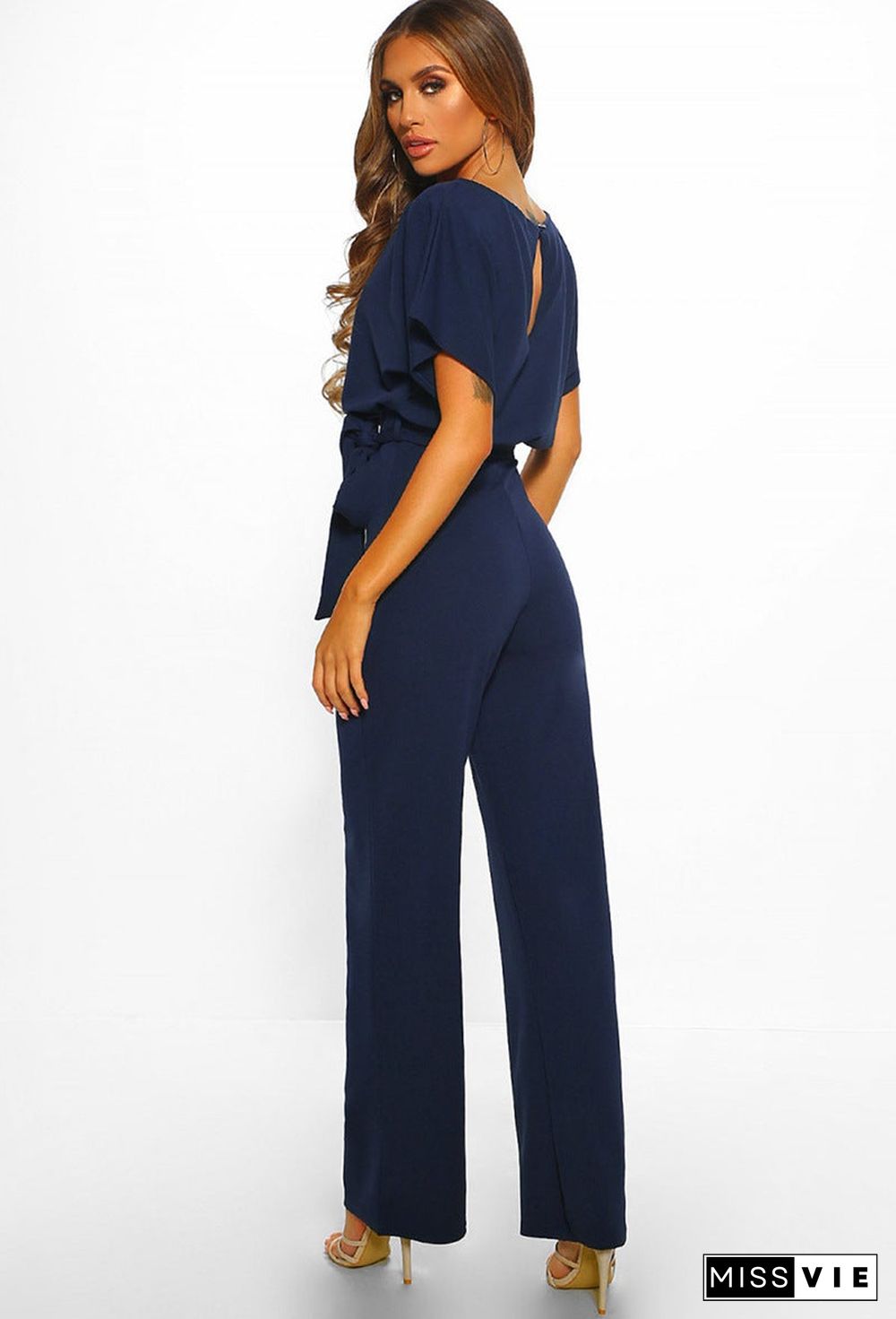 Button Lace-up Short-sleeved Jumpsuit