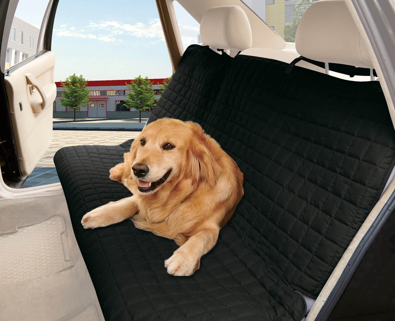 Elegant Comfort Quilted Design %100 Waterproof  Bench Car Seat Protector Cover (Entire Rear Seat)  for Pets - TIES TO STOP SLIPPING OFF THE BENCH ， Black