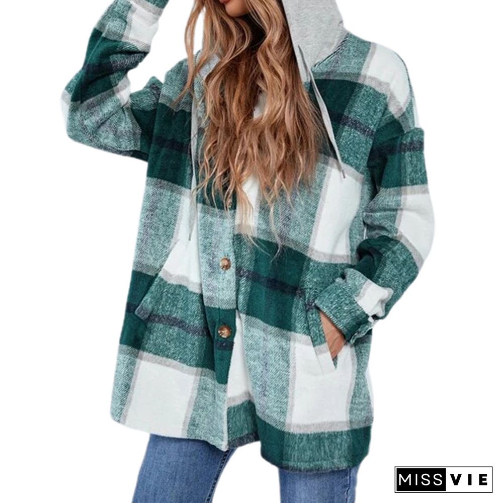 Plaid Jacket Women Overshirt Long Checkered Jackets Female Long Sleeve Winter Hooded Coat Shirt Jacket Harajuku Tops