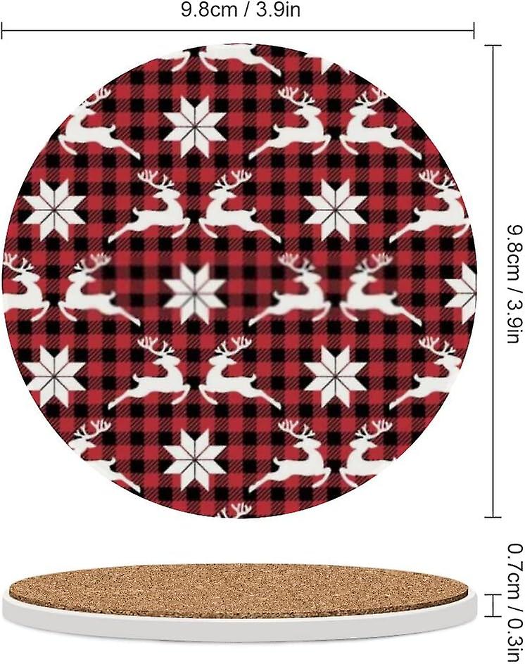 2pcs Round Christmas Deer Flower At Buffalo Plaid Ceramic Coasters With Cork-backed For Coffee Drink Cup Mat Absorbent Stone Coasters