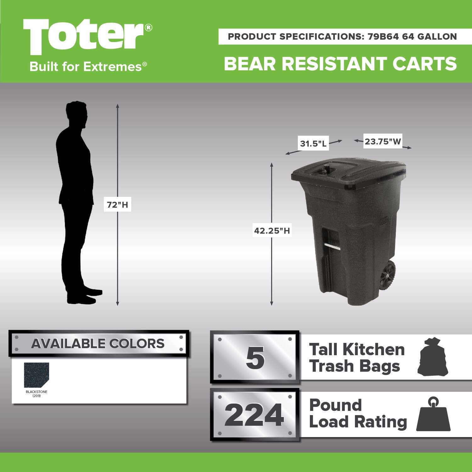 Toter Bear Tough 64 Gallon Outdoor Garbage Can with Wheels and Locking Lid