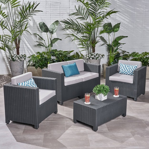 Waverly 4pc All Weather Faux Wicker Patio Chat Set Dark Gray gray Christopher Knight Home