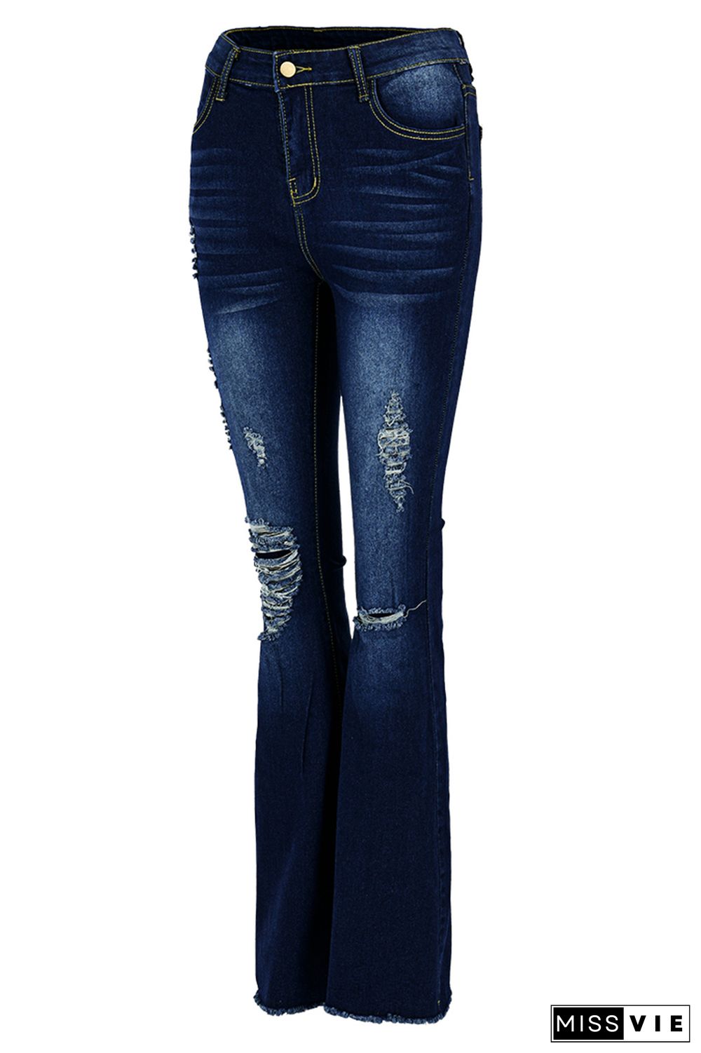 Fashion Casual Solid Ripped High Waist Regular Denim Jeans