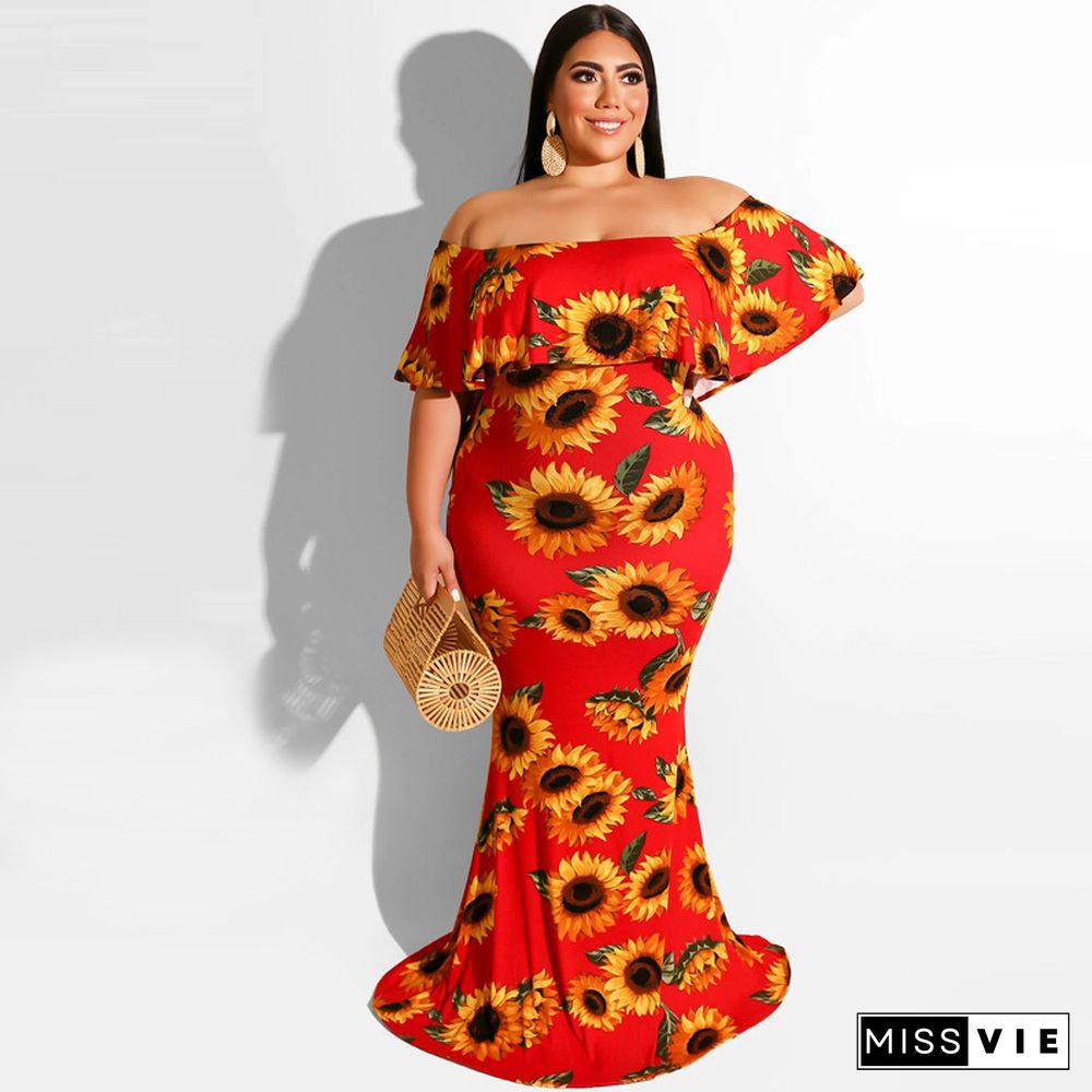 Sexy Off Shoulder Ruffles Printing Floor-length Plus Size Dress