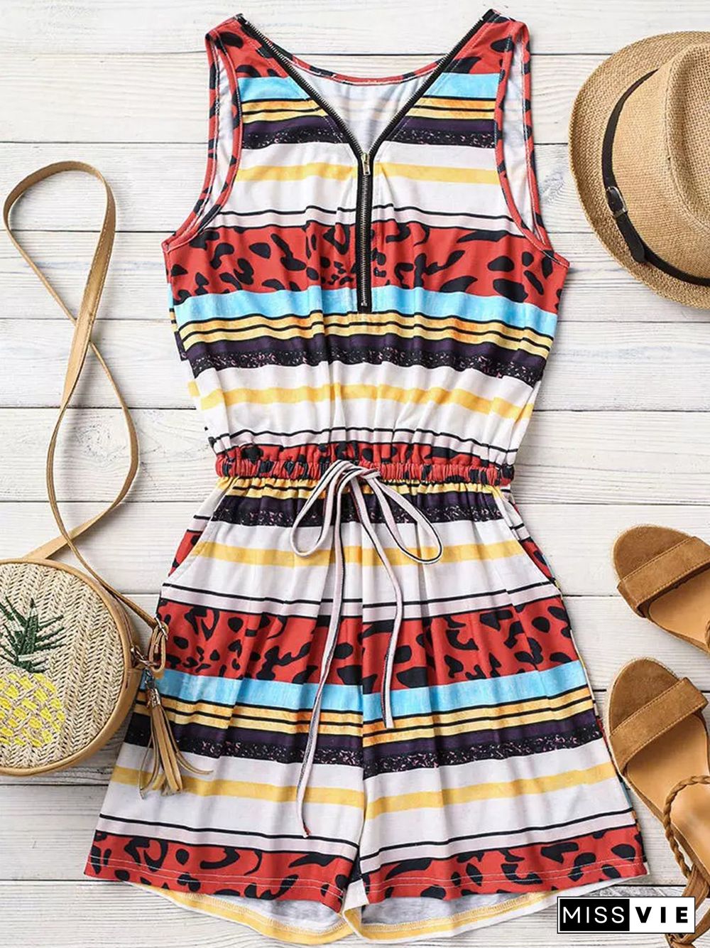 Vintage Leopard Striped Printed Pocket Drawstring Plus Size Casual Romper