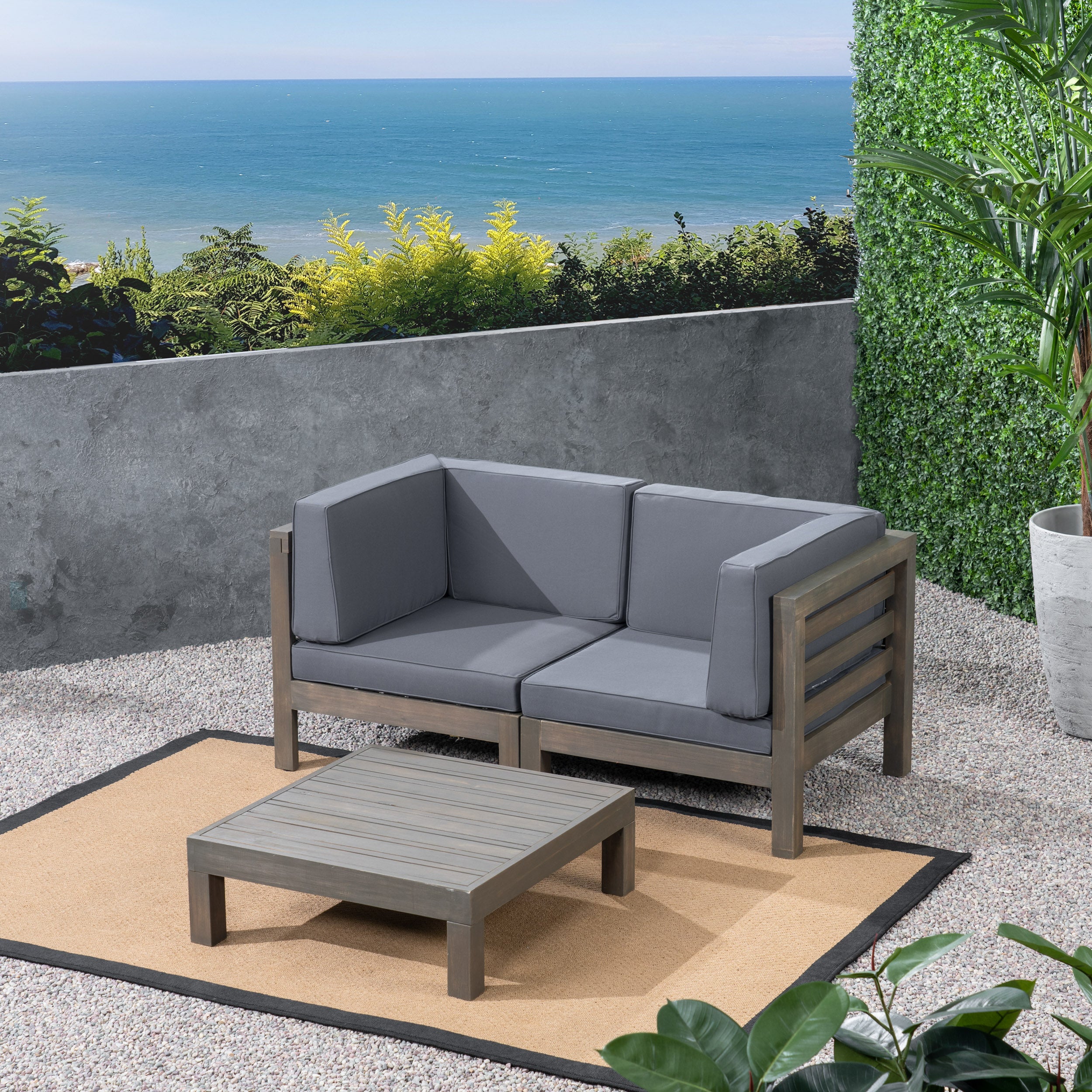 Dawson Outdoor Sectional Loveseat Set with Coffee Table - 3-Piece 2-Seater - Acacia Wood - Outdoor Cushions