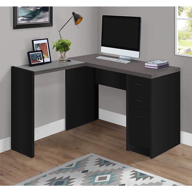 60 Black and Gray Contemporary L-Shaped Computer Desk with Tempered Glass