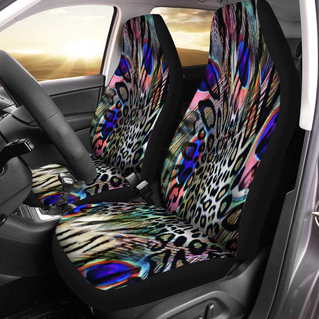 KXMDXA Set of 2 Car Seat Covers Purple Pattern Leopard Feather Abstract Africa Black Camouflage Universal Auto Front Seats Protector Fits for Car，SUV Sedan，Truck