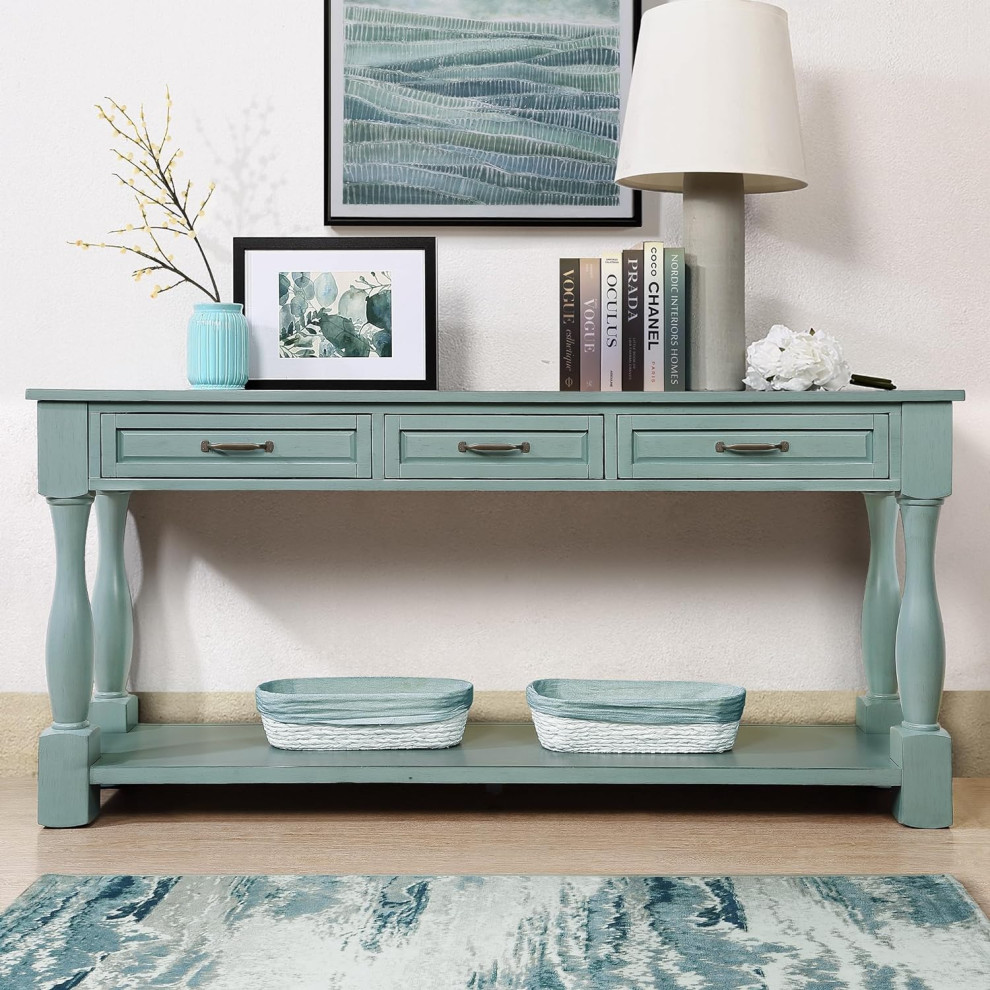 Retro Console Table  Carved Column Support With 3 Spacious Drawers   Midcentury   Console Tables   by Decor Love  Houzz