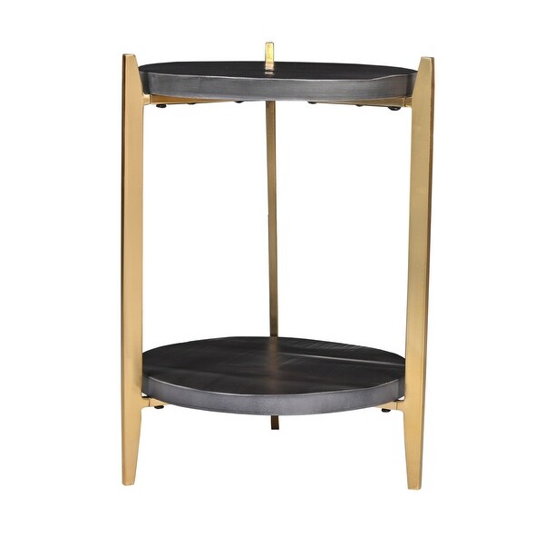 Tali 16 Inch Handcrafted Round Side End Table， 2 Tier， Charcoal Gray Acacia Wood， Sleek Gold Metal Legs