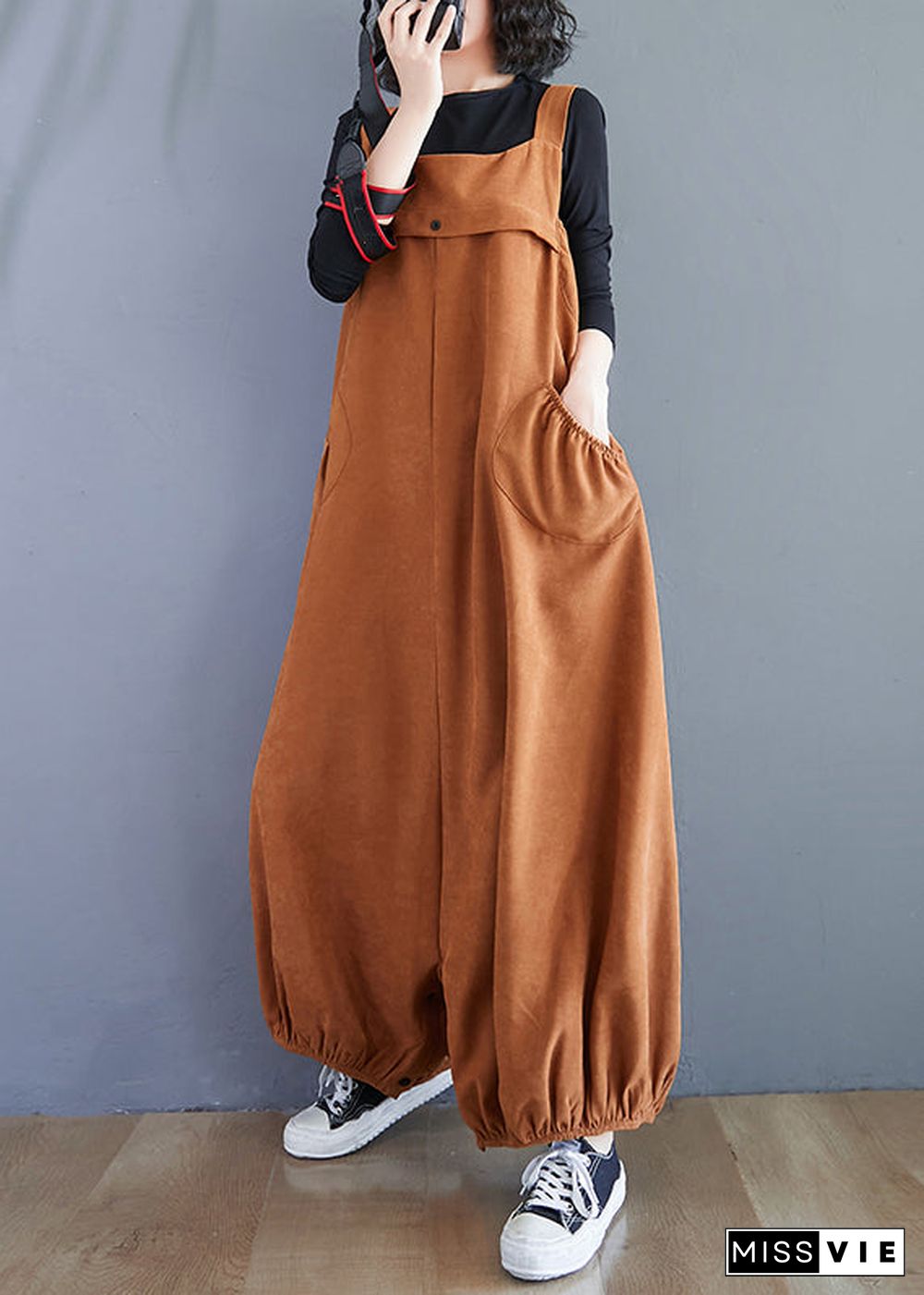 Unique Caramel Pockets High Waist Patchwork Corduroy Jumpsuit Fall