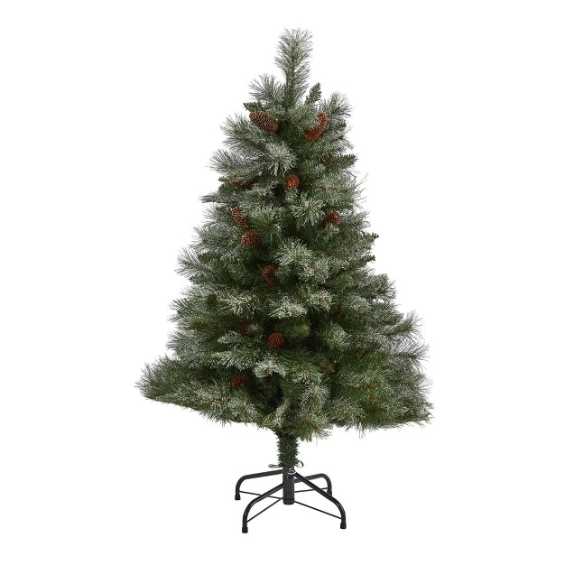 Nearly Natural 4’ Snowed French Alps Mountain Pine Artificial Christmas Tree With Pine Cones