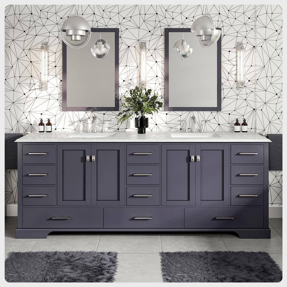 Eviva Storehouse 84 in. W x 22 in. D x 34 in. H Bathroom Vanity in Dark Gray with White Carrara Marble Top with White Sink EVVN416-84DGR