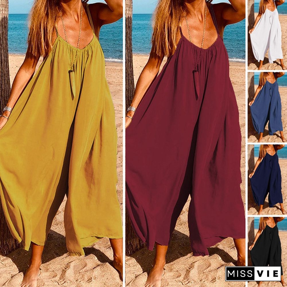 Women Spaghetti Strap Loose Jumpsuits Sleeveless Casual Rompers Wide Leg Long Pants Trousers Plus Pantalon