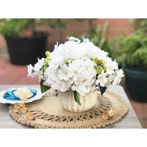 Enova Home Cream Artificial Silk Open Roses and Mixed Fake Flowers Arrangement with White Ceramic Vase for Home Decoration